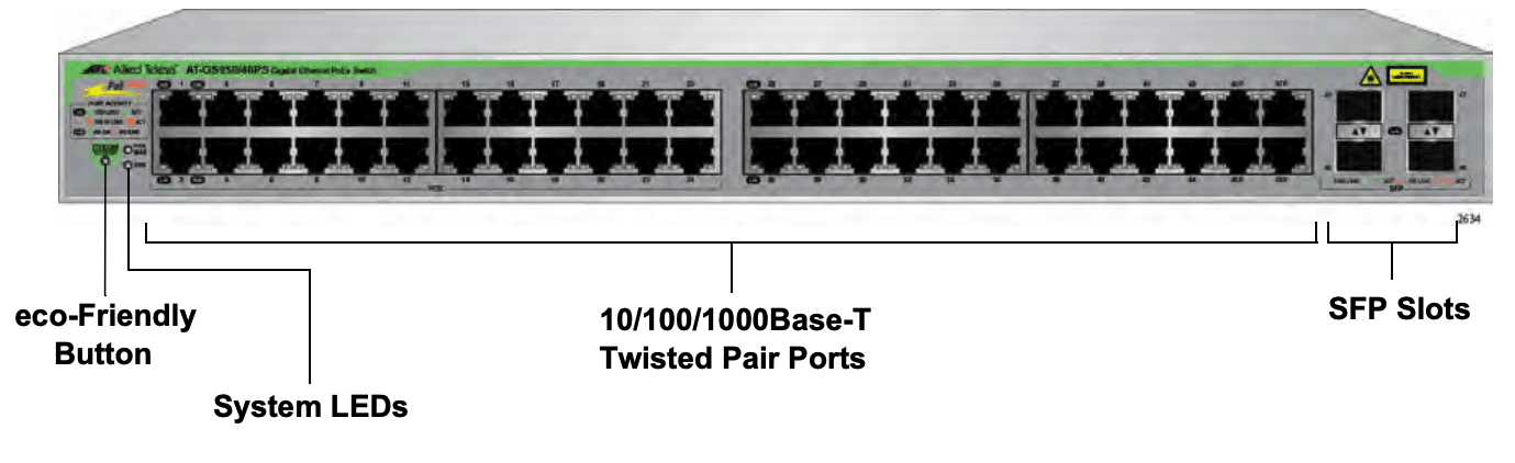 AT-GS950-48PS-10 - AT-GS950/48PS-10-ALLIED TELESIS-Switch PoE+ Gigabit WebSmart de 48 puertos 10/100/1000 Mbps (24 Puertos PoE) + 4 puertos gigabit SFP (Combo), 370 W - Relematic.mx