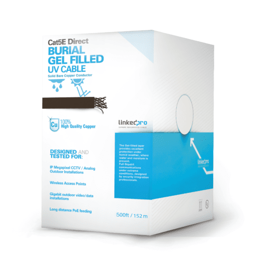 PRO-CAT-5E-GELX/500 - PRO-CAT-5E-GELX/500-LINKEDPRO - Bobina de cable de 152 m ( 500 ft) Cat5E exterior con gel, doble forro, extrema humedad, bajo tierra, UL, color negro para aplicaciones en CCTV, y redes de alta velocidad. Uso en intemperie - Relematic.mx - PROCAT5EGELX500-h